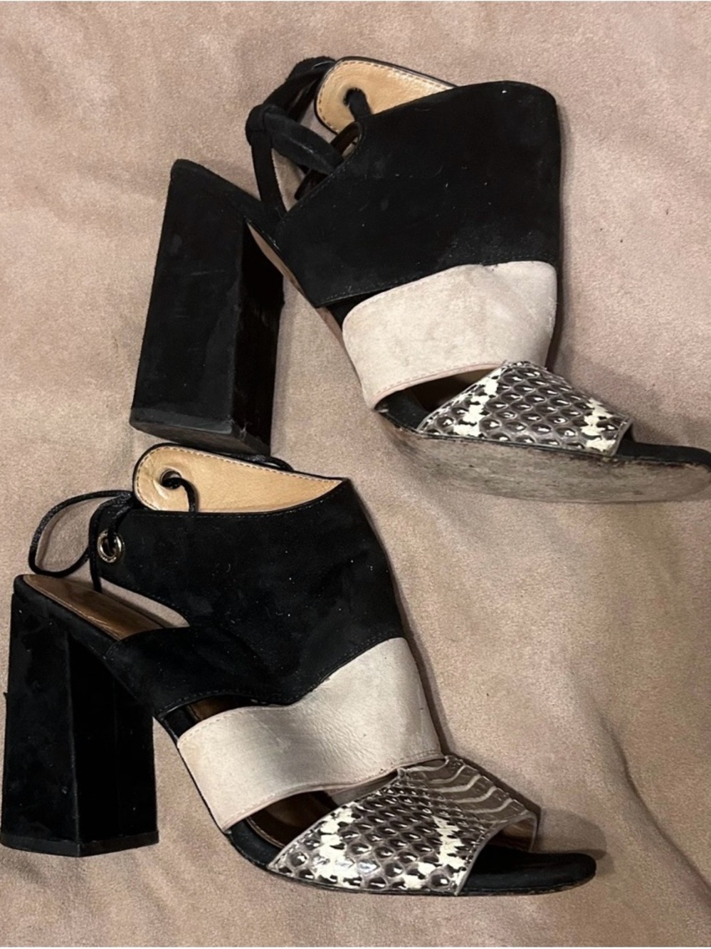 Coach Black Minetta Land Cream and Metallic Snakeskin, suede Block Heel Sandals